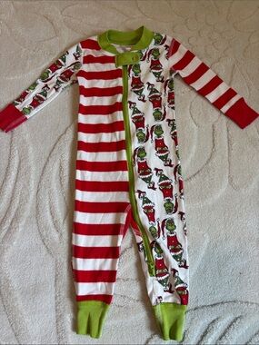 Hanna Andersson Red, White & Green Grinch Stripe Print Footie